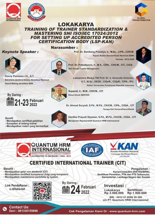 Lokakarya dan Sertifikasi Training of Trainer Standardisasi SNI ISO/IEC 17024:2012
