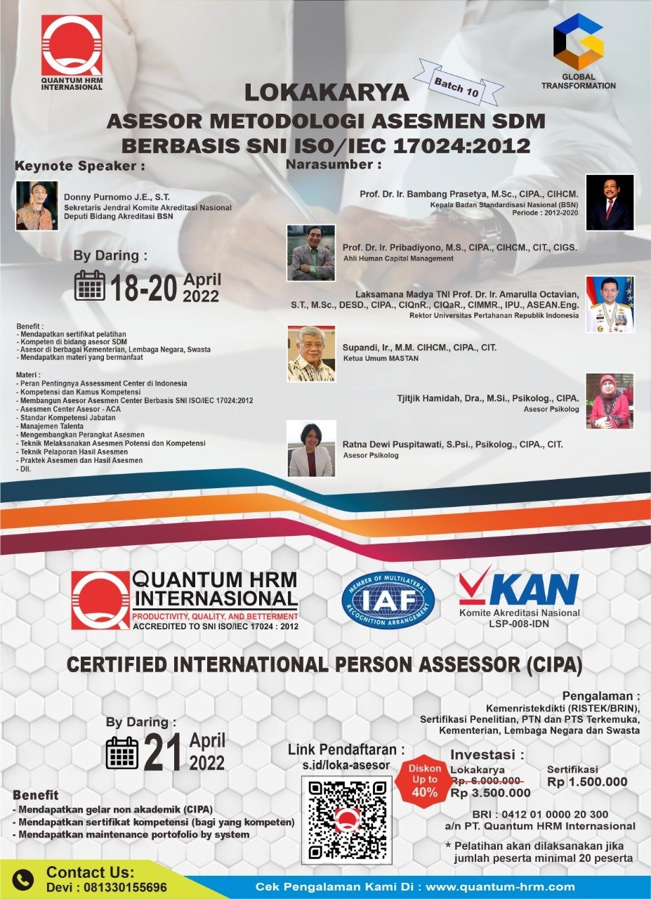 Lokakarya dan Sertifikasi Asesor Metodologi Asesmen SDM Berbasis SNI ISO/IEC 17024:2012