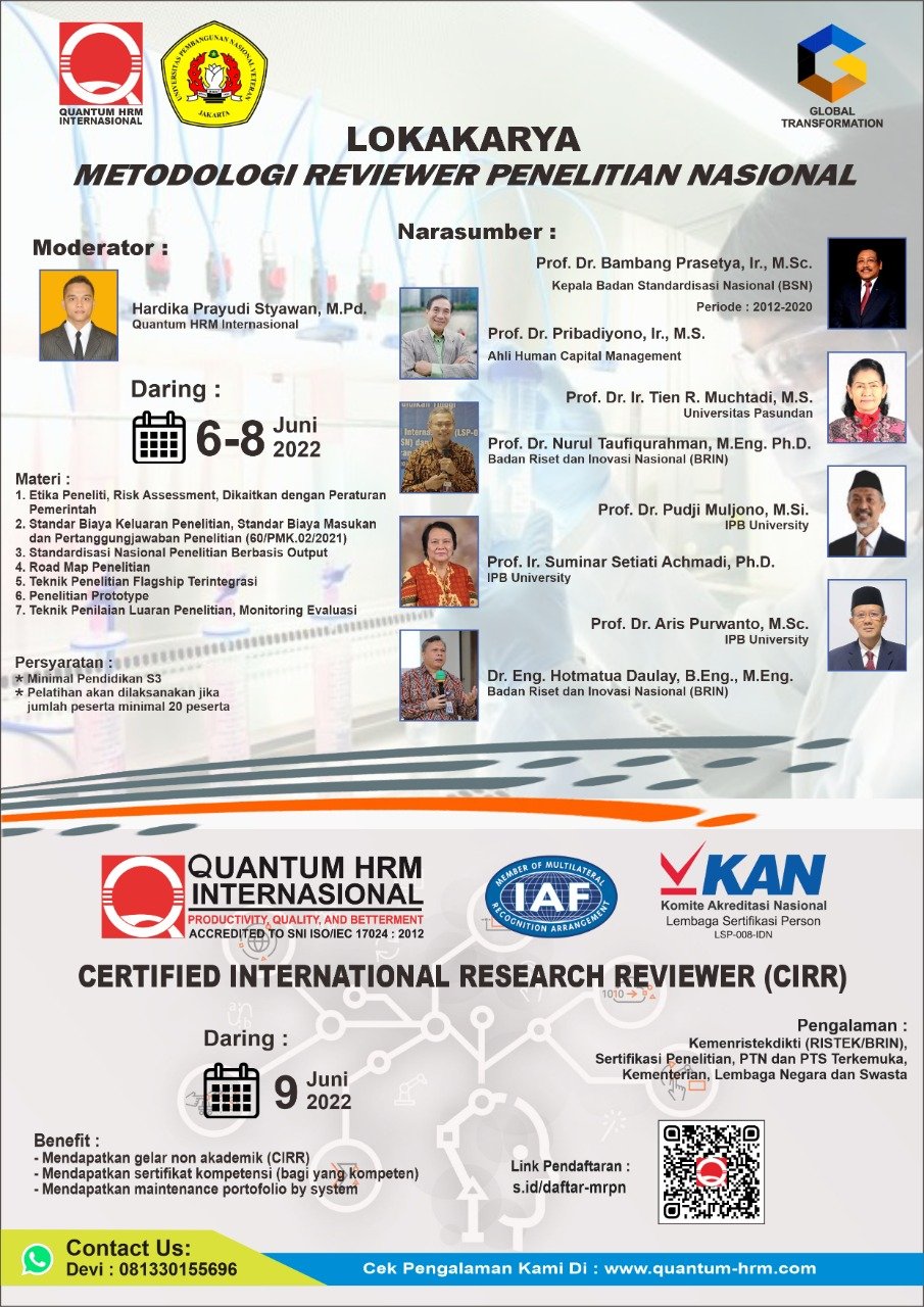 PT. Quantum HRM Internasional bekerjasama dengan UPN Veteran Jakarta menyelenggarakan Lokakarya dan Sertifikasi Metodologi Reviewer Penelitian Nasional