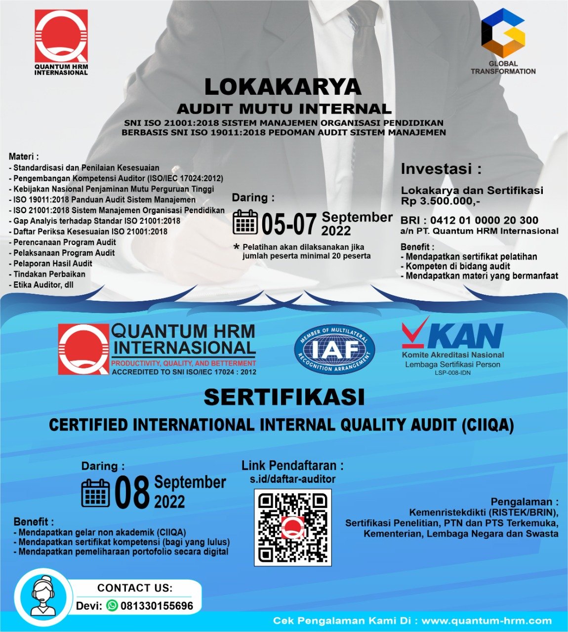 Lokakarya dan Sertifikasi Audit Mutu Internal SNI ISO 21001:2018 Sistem Manajemen Organisasi Pendidikan Berbasis SNI ISO 19011:2018 Pedoman Audit Sistem Manajemen