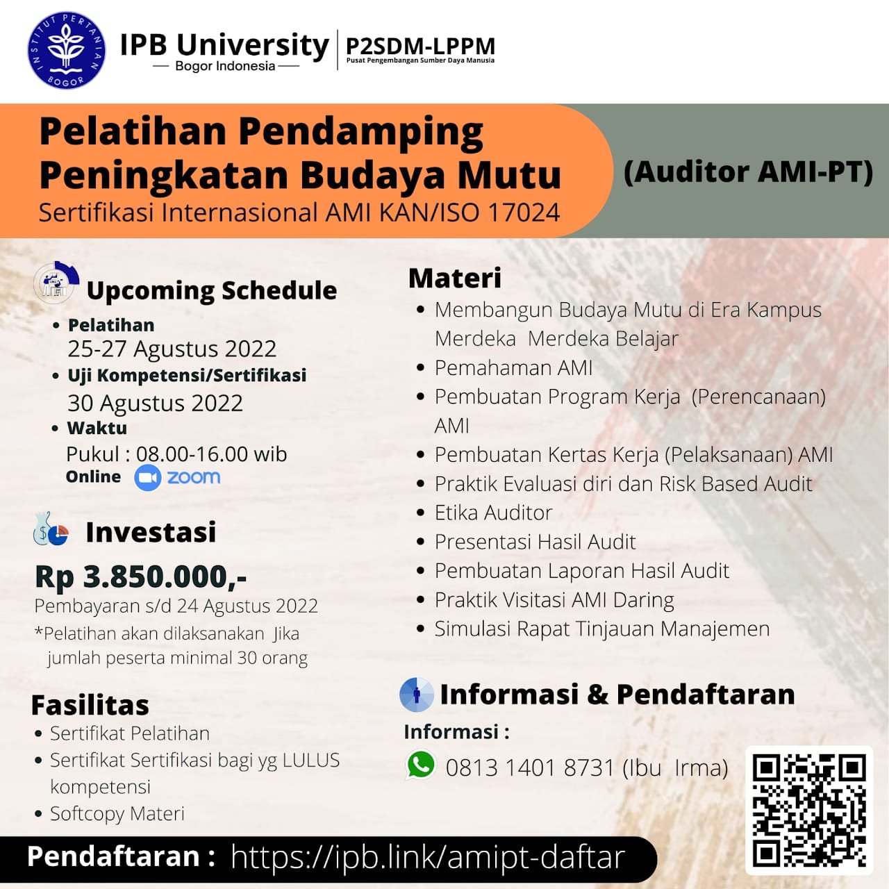 Pelatihan Pendamping Peningkatan Budaya Mutu (Auditor AMI-PT) Sertifikasi Internasional AMI KAN/ISO 17024